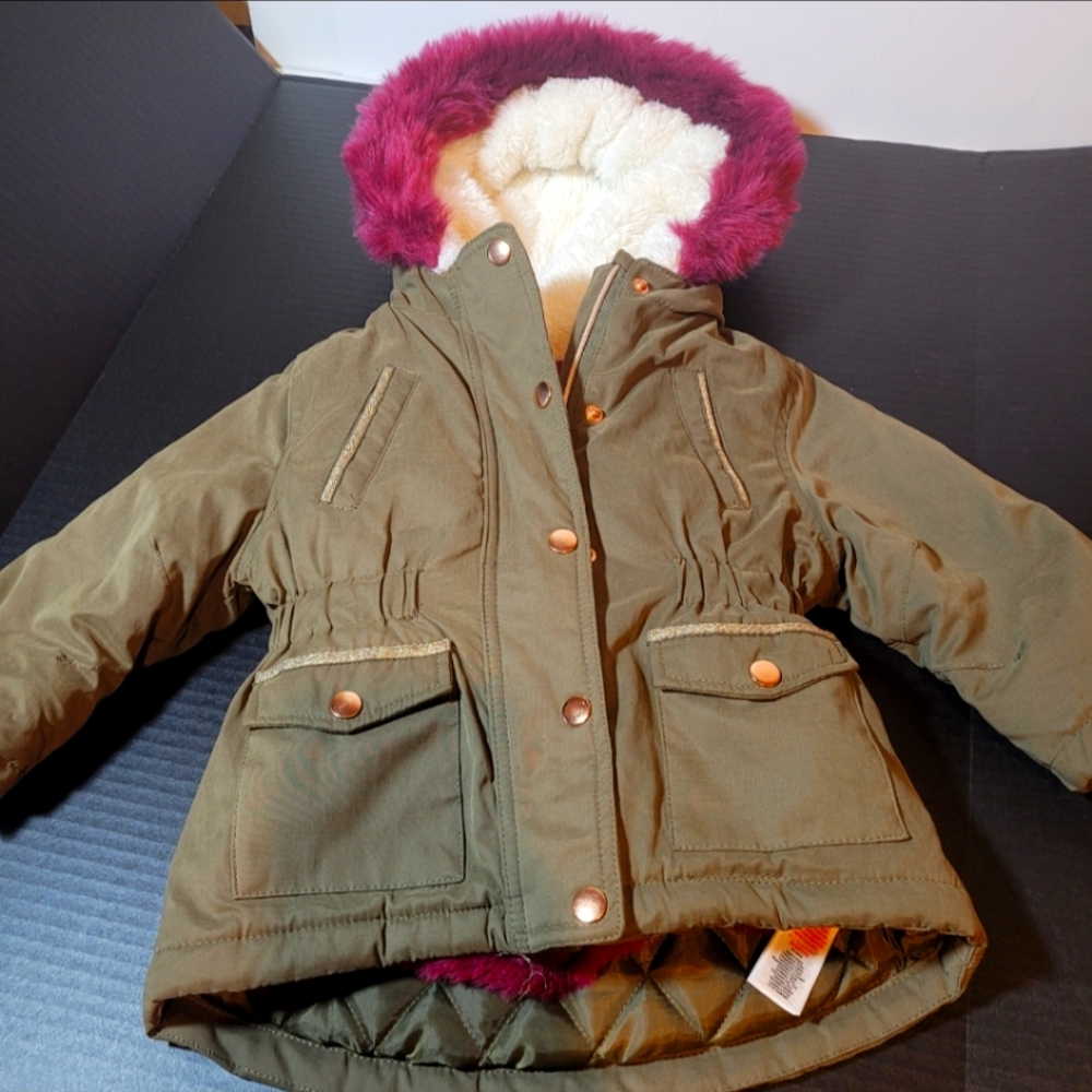 FNF Girl's Size 2T Olive Green 3-in-1 Parka Jacket w/ Detachable Pink Vest, Hood